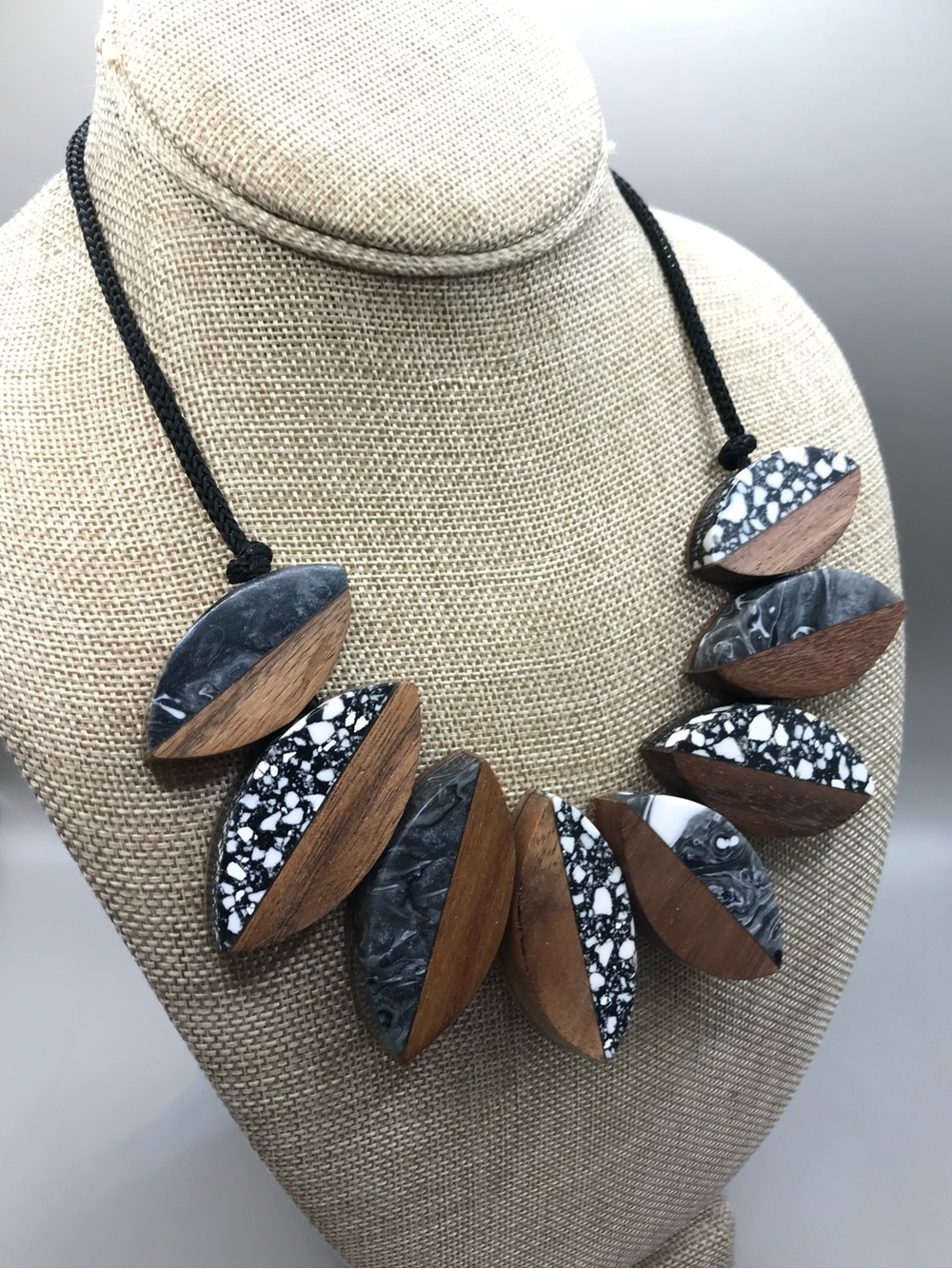 Black, White & Brown Geometric Wood & Resin Statement Necklace - Picture 2 of 7